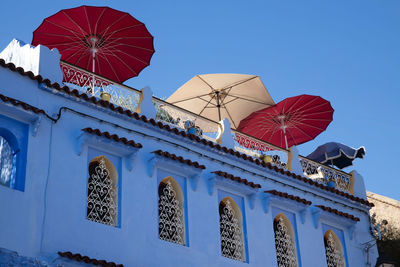 Low angle view of traditional building against clear blue sky