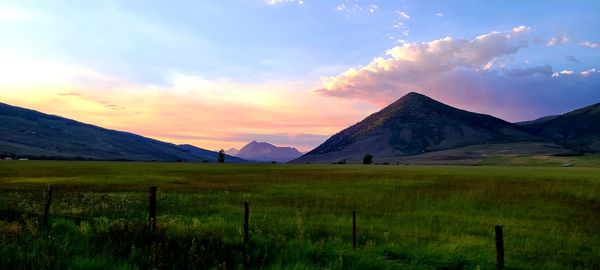 Scenic view of field against sky during sunset