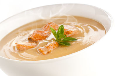 High angle view of soup in bowl on table