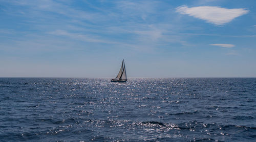 Sailboat sailing on sea against sky