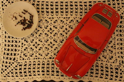 High angle view of telephone booth on table