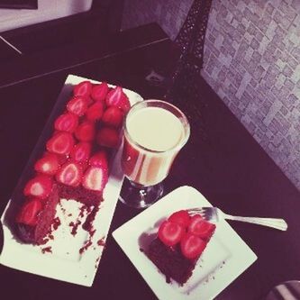 food and drink, freshness, indoors, food, table, drink, sweet food, still life, refreshment, ready-to-eat, dessert, coffee cup, indulgence, strawberry, plate, red, coffee - drink, high angle view, unhealthy eating, cake