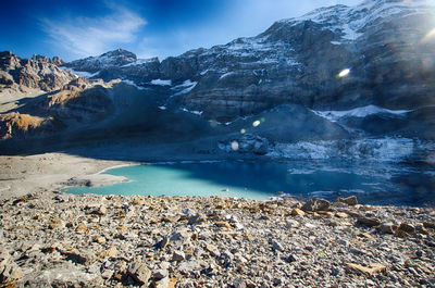 Scenic view of lake and snowcapped mountains against sky