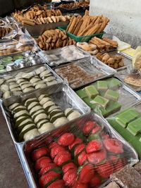 High angle view of food for sale at market stall