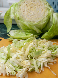 High angle view of chopped vegetables in plate