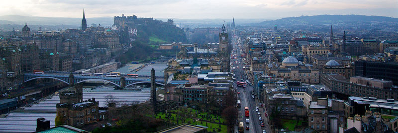 High angle view of bridge and buildings in city