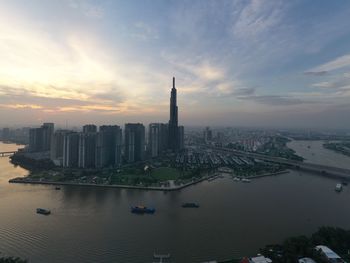 Aerial view of buildings in ho chi minh city during sunset