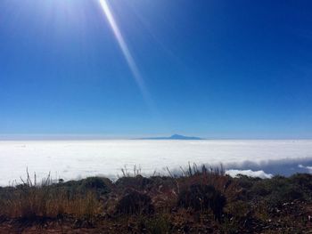 Scenic view of landscape against clear blue sky