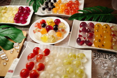 High angle view of multi colored fruits on table