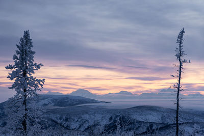 Scenic view of snowcapped mountains against sky during sunset