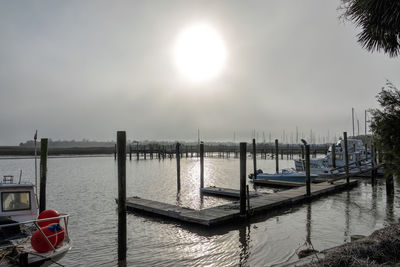 Boats moored in sea, marina with sun in background