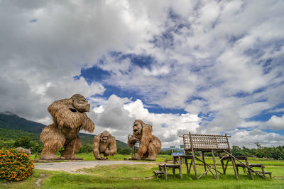 Chiang mai, thailand - 16 july 2022 - rice fields with man-made straw animals at huay tung tao