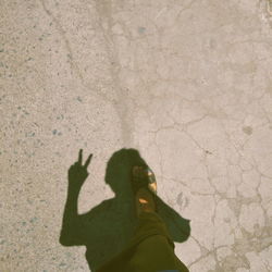 Shadow of person holding umbrella on footpath