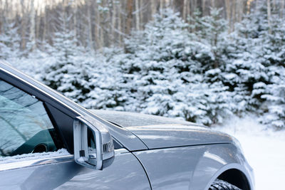 Close-up of snow covered car in forest