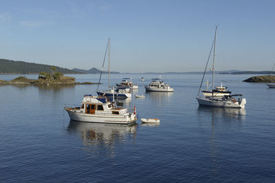 Sailboats moored on sea against sky