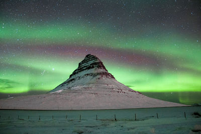 Scenic view of snowcapped mountain against sky at night