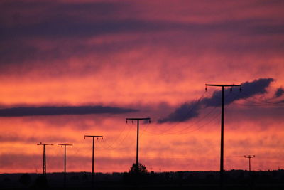 Silhouette electricity pylon on field against romantic sky at sunset