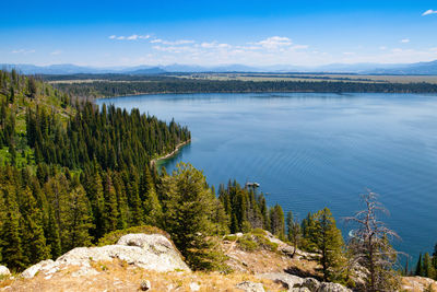 Scenic view of lake by trees against sky