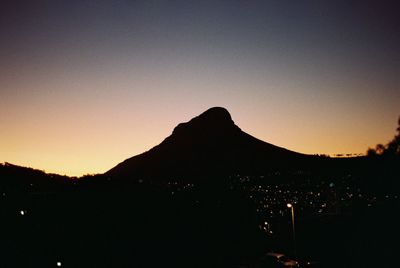 Scenic view of silhouette mountain against sky at sunset