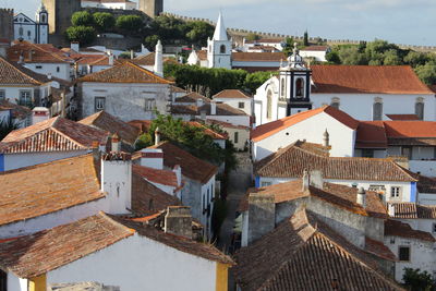 High angle view of buildings in town