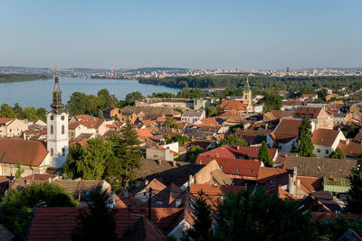 High angle view of townscape against clear sky