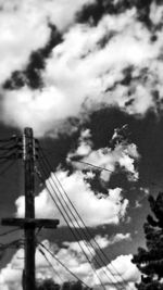 Low angle view of power lines against cloudy sky