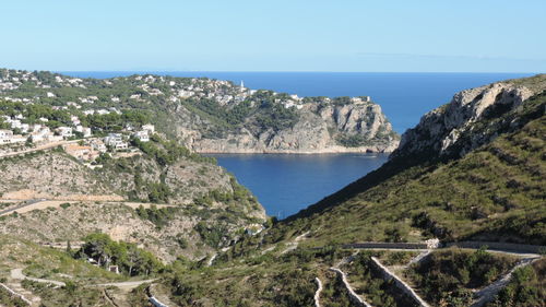 Scenic view of sea and mountains against clear sky