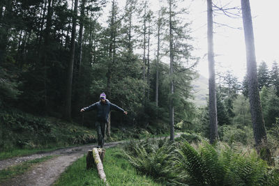 Man standing by trees in forest