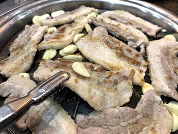 High angle view of meat in cooking pan