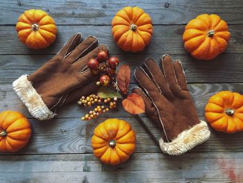 High angle view of pumpkins on table