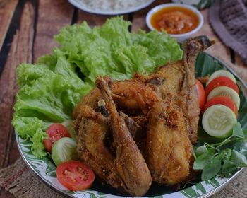 Close-up of food served in plate on table