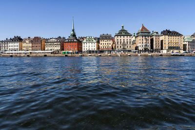 River by buildings against clear blue sky at strandvagen