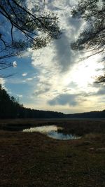 Scenic view of lake against cloudy sky