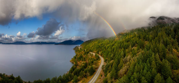 Panoramic view of rainbow over mountains against sky