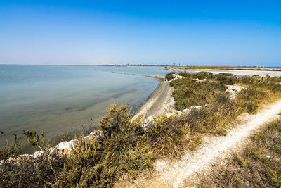 Scenic view of sea against clear blue sky