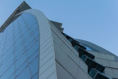 Low angle view of modern building against clear blue sky