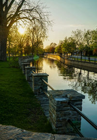 Canal amidst bare trees at park during sunset
