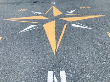 High angle view of arrow sign on road