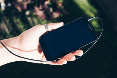 Cropped hand holding mobile phone