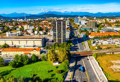 High angle view of buildings in city