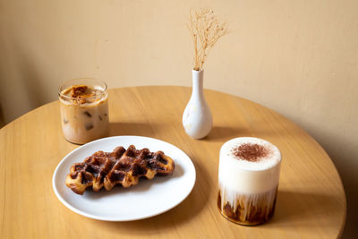 High angle view of breakfast on table