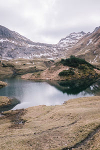 Scenic view of lake by mountains against sky