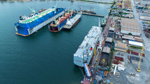 High angle view of boats in harbor