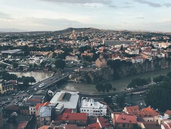 High angle shot of townscape against sky