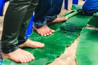 Low section of men standing on wet banana leaf outdoors