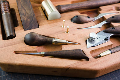 High angle view of equipment on table