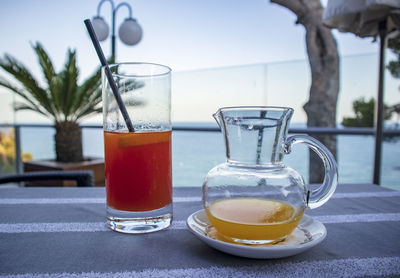 Close-up of tea in glass on table