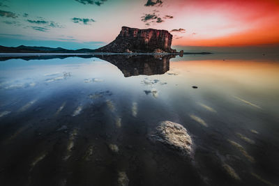 Reflection of rocks in sea against sky during sunset