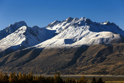 Scenic view of snowcapped mountains against clear sky