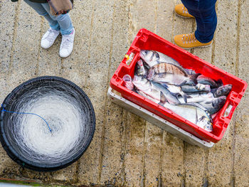 High angle view of fish and man standing at market stall